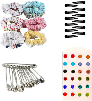 

AccessHer Daily Essentials Hair accessories Combo for Women: Rubber Band, Safety pins, Tiktak pins, Studs Rubber Band(Multicolor)