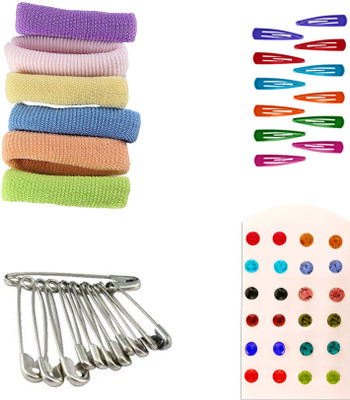 

AccessHer Daily Essentials Hair accessories Combo for Women: Rubber Band, Safety pins, Tiktak pins, Studs Rubber Band(Multicolor)
