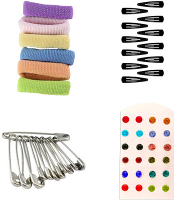 

AccessHer Daily Essentials Hair accessories Combo for Women: Rubber Band, Safety pins, Tiktak pins, Studs Rubber Band(Multicolor)