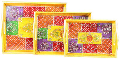 

APKAMART Handicraft Wooden Serving Tray Set - Decorative Dining and Serving Platter for Table Decor and Gifts Tray Set(Pack of 3)