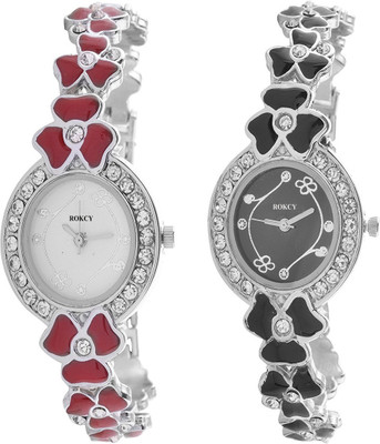 

ROKCY Rokcy Fancy Diamond's look Round Case & Black_Red Flower Style Chain White Dial Girls' Watch Watch - For Women