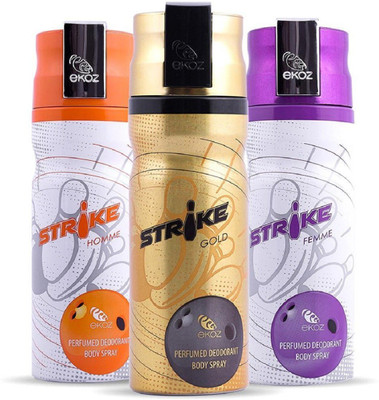 

Ekoz Strike Homme Femme Gold Body Spray - For Men & Women(200 ml, Pack of 3)