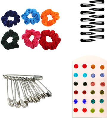 

AccessHer Daily Essentials Hair accessories Combo for Women: Rubber Band, Safety pins, Tiktak pins, Studs Rubber Band(Multicolor)