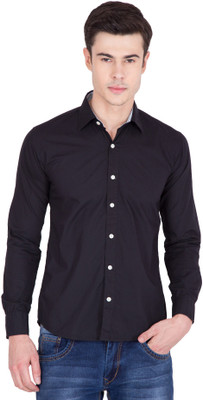American-Elm Men Solid Casual Black Shirt