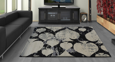 PRESTO BAZAAR White, Black, Grey Polyester Carpet(4 ft,  X 6 ft, Rectangle)