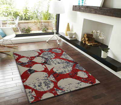 PRESTO BAZAAR Red, White, Grey Polyester Carpet(5 ft,  X 7 ft, Rectangle)