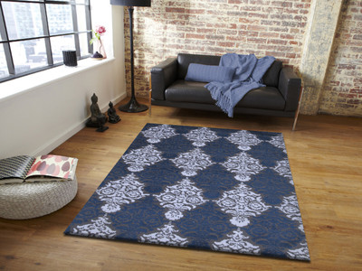PRESTO BAZAAR White, Blue, Grey Polyester Carpet(5 ft,  X 7 ft, Rectangle)