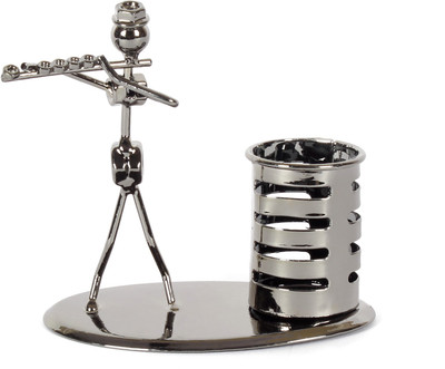 

Jewel Fuel 1 Compartments Iron Pen Stand and Musician Playing Flute Table Top Showpiece(Black Chrome)