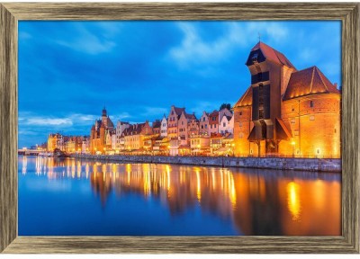 Artzfolio Old Town Of Gdansk, Dlugie Pobrzeze And Motlawa River At Night, Poland Framed Wall Art Painting Print Canvas 12 inch x 17 inch Painting(With Frame)