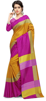 AJS Self Design, Striped, Printed Paithani Polycotton Saree(Yellow, Pink) available at flipkart for Rs.799