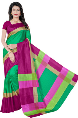AJS Self Design, Striped, Printed Paithani Polycotton Saree(Green, Pink) available at flipkart for Rs.799