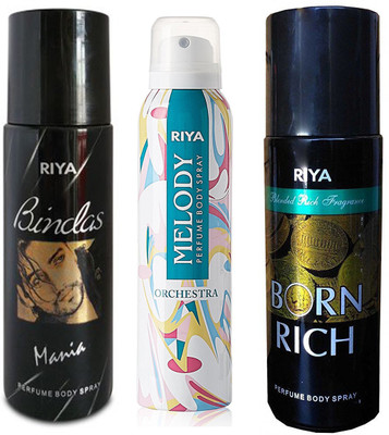 

Riya Bindas, Melody Orchestra, Born Rich (150 ml each) Body Spray - For Men(450 ml, Pack of 3)