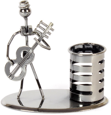 

Jewel Fuel 1 Compartments Iron Pen Stand and Musician Playing Guitar Table Top Showpiece(Black Chrome)