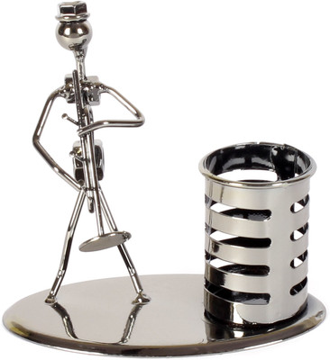 

Jewel Fuel 1 Compartments Iron Pen Stand and Musician Playing Trumpet Table Top Showpiece(Black Chrome)