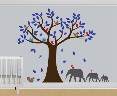 Asmi Collections 135 cm Tree Elephant Birds Owl Squirrel Self Adhesive Sticker(Pack of 1)