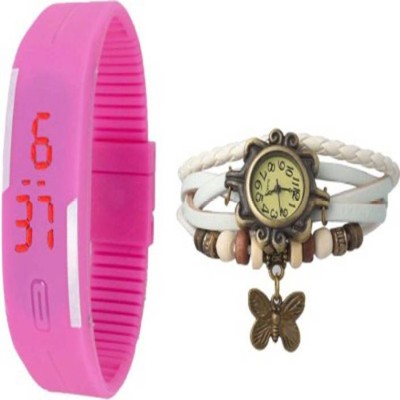 ROKCY ROKCY Designer Vintage Leather Multi Bracelet Butterfly Watch White - Rubber Led Pink Watch for Girls, Women Set of 2 Watch  - For Boys & Girls   Watches  (Rokcy)