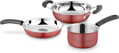 Ideale Cookware Set Texture Red-3pcs Induction Bottom Cookware Set(Stainless Steel, 3 - Piece)