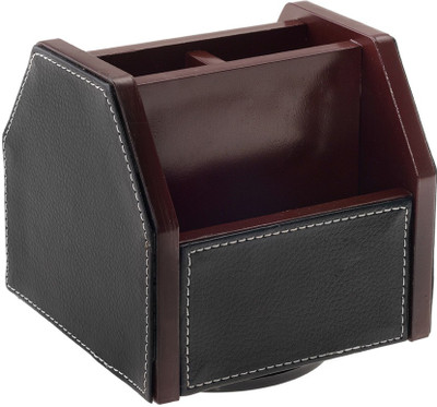 

Kebica 4 Compartments Wood and Faux Leather Revolving Desk Organizer(Black)