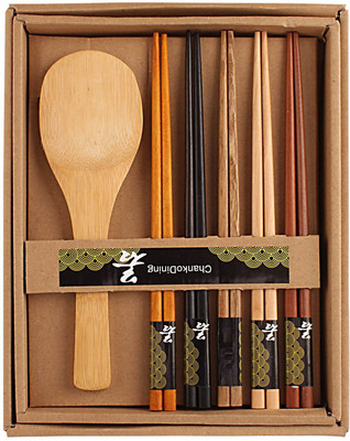 HOKIPO 5 Pairs Wooden Chopsticks with Rice Serving Spoon Bamboo Cutlery Set available at flipkart for Rs.269