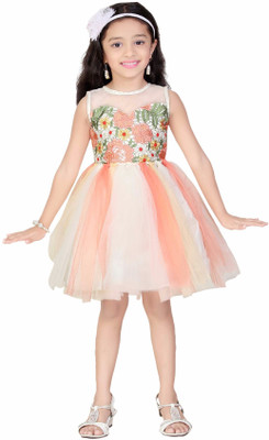 

Littleopia Girls Midi/Knee Length Party Dress(Multicolor, Sleeveless, Peach;white