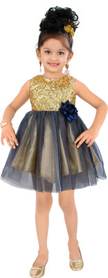 

Littleopia Girls Midi/Knee Length Party Dress(Gold, Sleeveless, Golden;navy blue