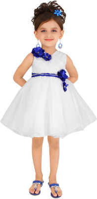 

Littleopia Girls Midi/Knee Length Party Dress(White, Sleeveless, Blue;white