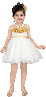 

Littleopia Girls Midi/Knee Length Party Dress(White, Sleeveless, Gold;white