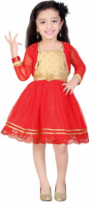 

Littleopia Girls Midi/Knee Length Party Dress(Red, Full Sleeve, Gold;orange