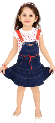 

Littleopia Dungaree For Girls Casual Printed Denim(Dark Blue, Pack of 1, Darkblue;red