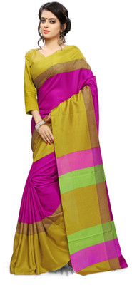 AJS Self Design, Striped, Printed Paithani Polycotton Saree(Pink, Yellow) available at flipkart for Rs.799