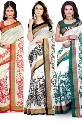 Gugaliya Geometric Print Chanderi Cotton Blend Saree(Pack of 3, Multicolor)