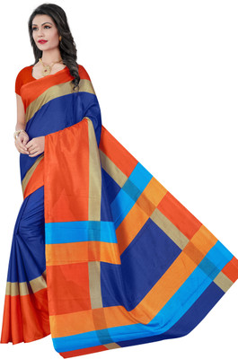 AJS Self Design, Striped, Printed Paithani Polycotton Saree(Orange, Blue) available at flipkart for Rs.799