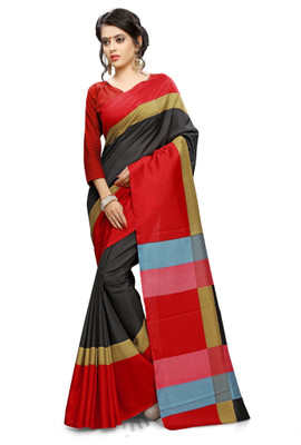 AJS Self Design, Striped, Printed Paithani Polycotton Saree(Black, Red) available at flipkart for Rs.799