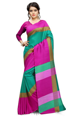 AJS Self Design, Striped, Printed Paithani Polycotton Saree(Green, Pink) available at flipkart for Rs.799