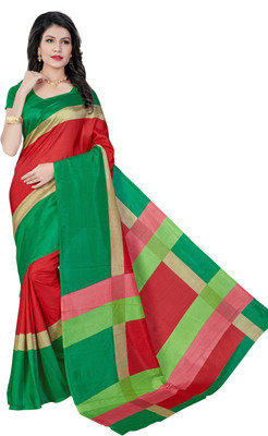 AJS Self Design, Striped, Printed Paithani Polycotton Saree(Green, Red) available at flipkart for Rs.799
