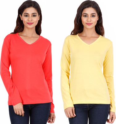 Fleximaa Solid Women V Neck Red, Yellow T-Shirt