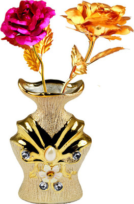 

Stealodeal Gold, Pink Rose Artificial Flower with Pot(9.8 inch, Pack of 2)