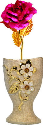 Stealodeal Pink, Gold Rose Artificial Flower with Pot(9.8 inch, Pack of 1)