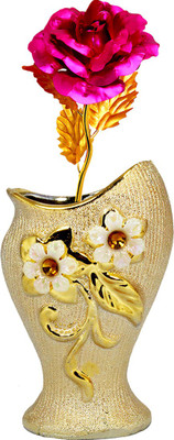 

Stealodeal Pink, Gold Rose Artificial Flower with Pot(9.8 inch, Pack of 1)