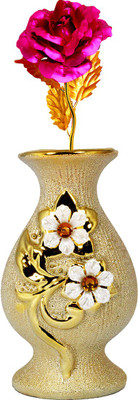 

Stealodeal Pink, Gold Rose Artificial Flower with Pot(9.8 inch, Pack of 1)