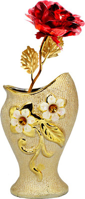 

Stealodeal Red, Gold Rose Artificial Flower with Pot(9.8 inch, Pack of 1)