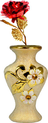 

Stealodeal Red, Gold Rose Artificial Flower with Pot(9.8 inch, Pack of 1)
