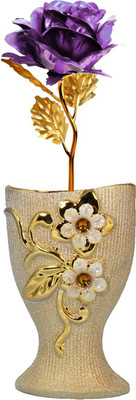

Stealodeal Purple, Gold Rose Artificial Flower with Pot(9.8 inch, Pack of 1)