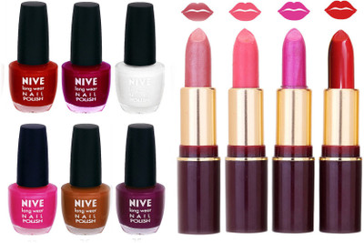 Nive NIVE 6 Vibrant Colour NAIL POLISH + 4 Rich Color QUNEX LIPSTICK COMBO(Set of 10)