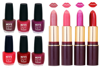 

Nive NIVE 6 Vibrant Colour NAIL POLISH + 4 Rich Color QUNEX LIPSTICK COMBO(Set of 10)
