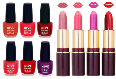 

Nive NIVE 6 Vibrant Colour NAIL POLISH + 4 Rich Color QUNEX LIPSTICK COMBO(Set of 10)