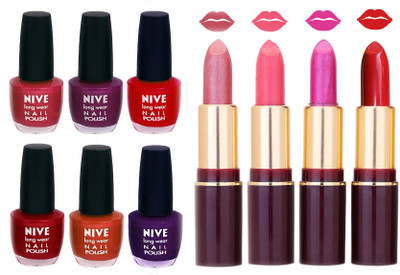 

Nive NIVE 6 Vibrant Colour NAIL POLISH + 4 Rich Color QUNEX LIPSTICK COMBO(Set of 10)