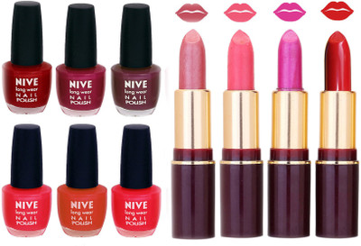 

Nive NIVE 6 Vibrant Colour NAIL POLISH + 4 Rich Color QUNEX LIPSTICK COMBO(Set of 10)