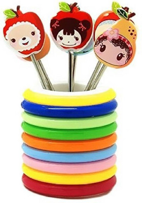 Italish Rings Designer Stand With 8 Cartoon Shape Disposable Plastic, Stainless Steel Fruit Fork Set(Pack of 8) available at flipkart for Rs.219