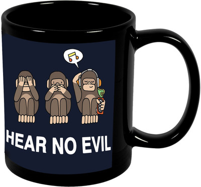 

Thirsty Guys Here No Evil Black Ceramic Mug(325 ml), Multicolor